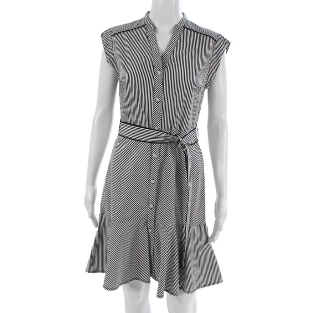 Karen Millen Women Black Striped V Neck Shirt Dress Short Sleeve Size 8